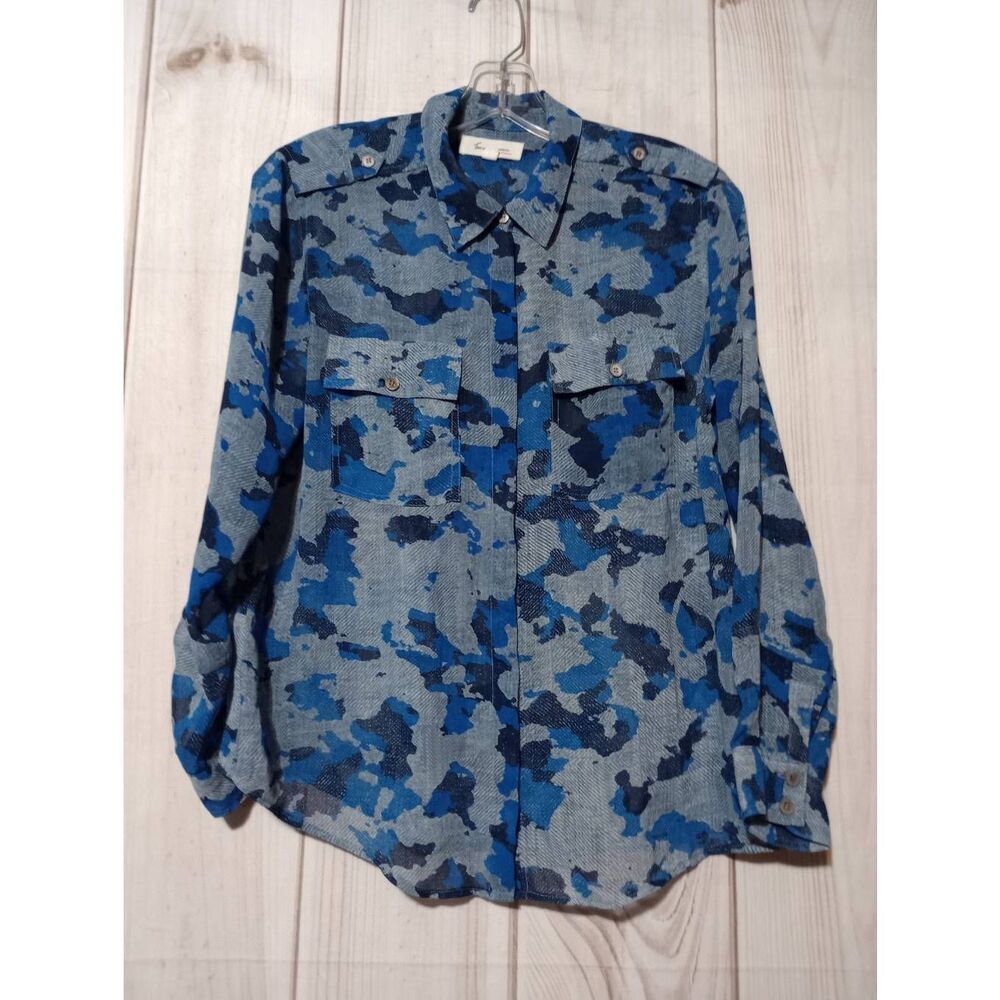 Vince Camuto Shirt Ladies Small Blue Camouflage Button Front Semi Sheer